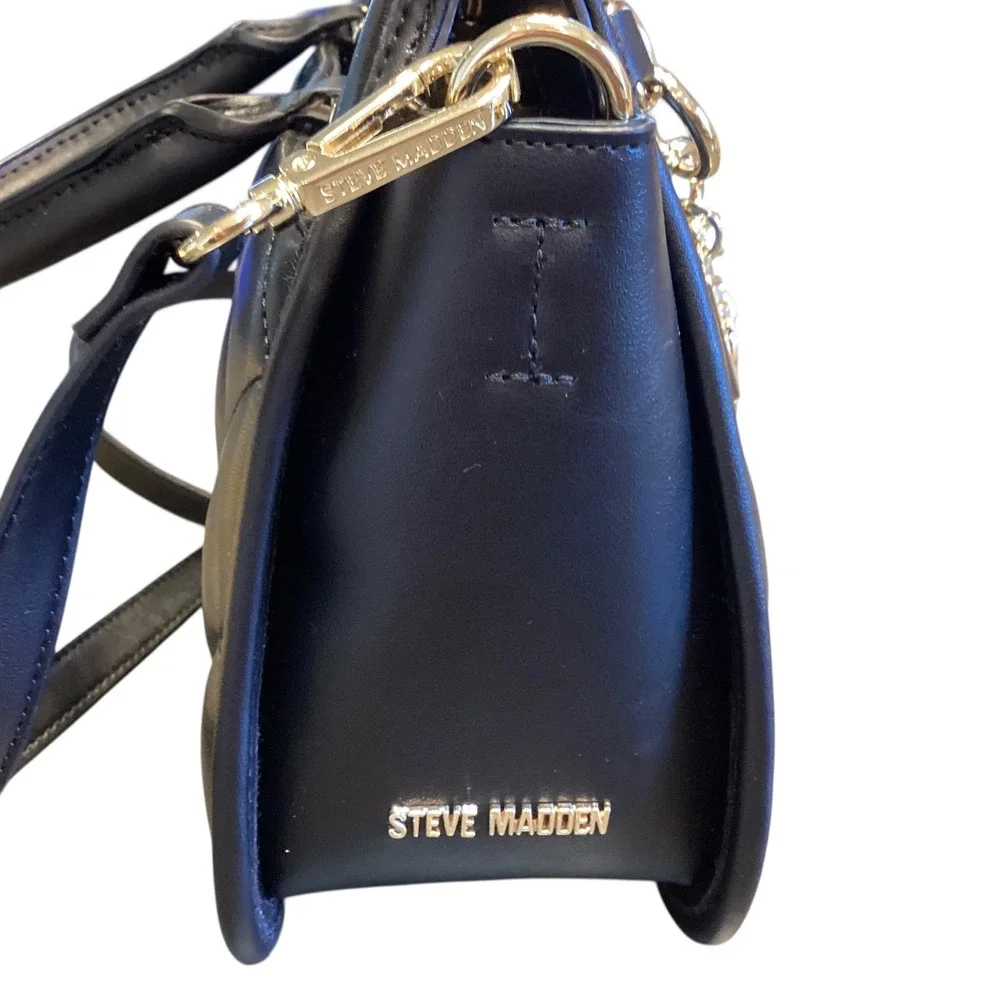 Steve Madden Sparrow Black Quilted Satchel Crossbody‎ Bag Gold Charm Chain New